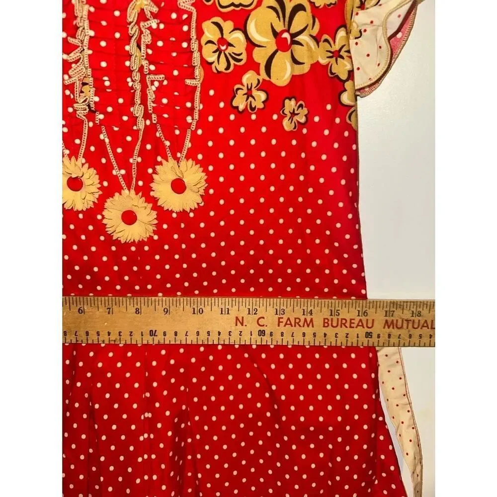 Vintage Timex Dresses Red Polka Dot and Floral Ruffle Trim Dress Medium